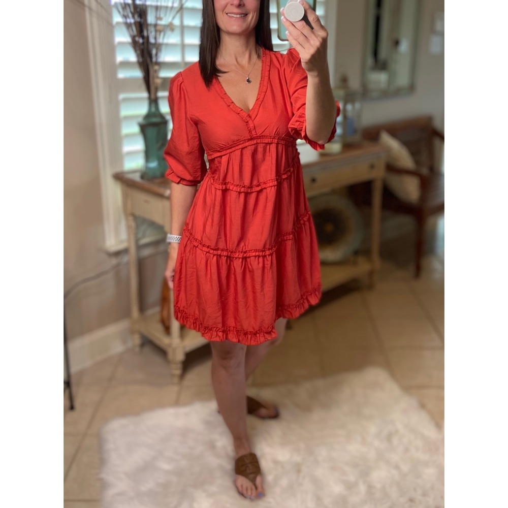 Tiered Ruffle Trim V-Neck Babydoll Rust 1821 - Picture 3 of 9